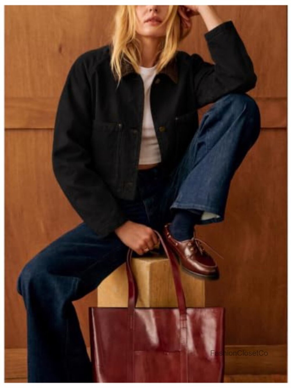 Cropped Barn Jacket Corduroy Collar Button Down Long Sleeve Short Coat Pockets - Picture 5 of 6